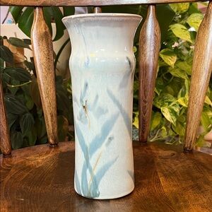 Elegant Blue Iris Hand Made, Hand Painted Artist Signed Glazed Ceramic Vase